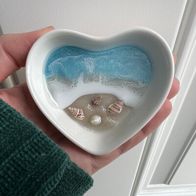 Blue Water Personalized Ring Dish, Beach Ceramic Heart Dish for Wedding Anniversary Gift for Engagement Gift from Realtor Side Table Decor - image1